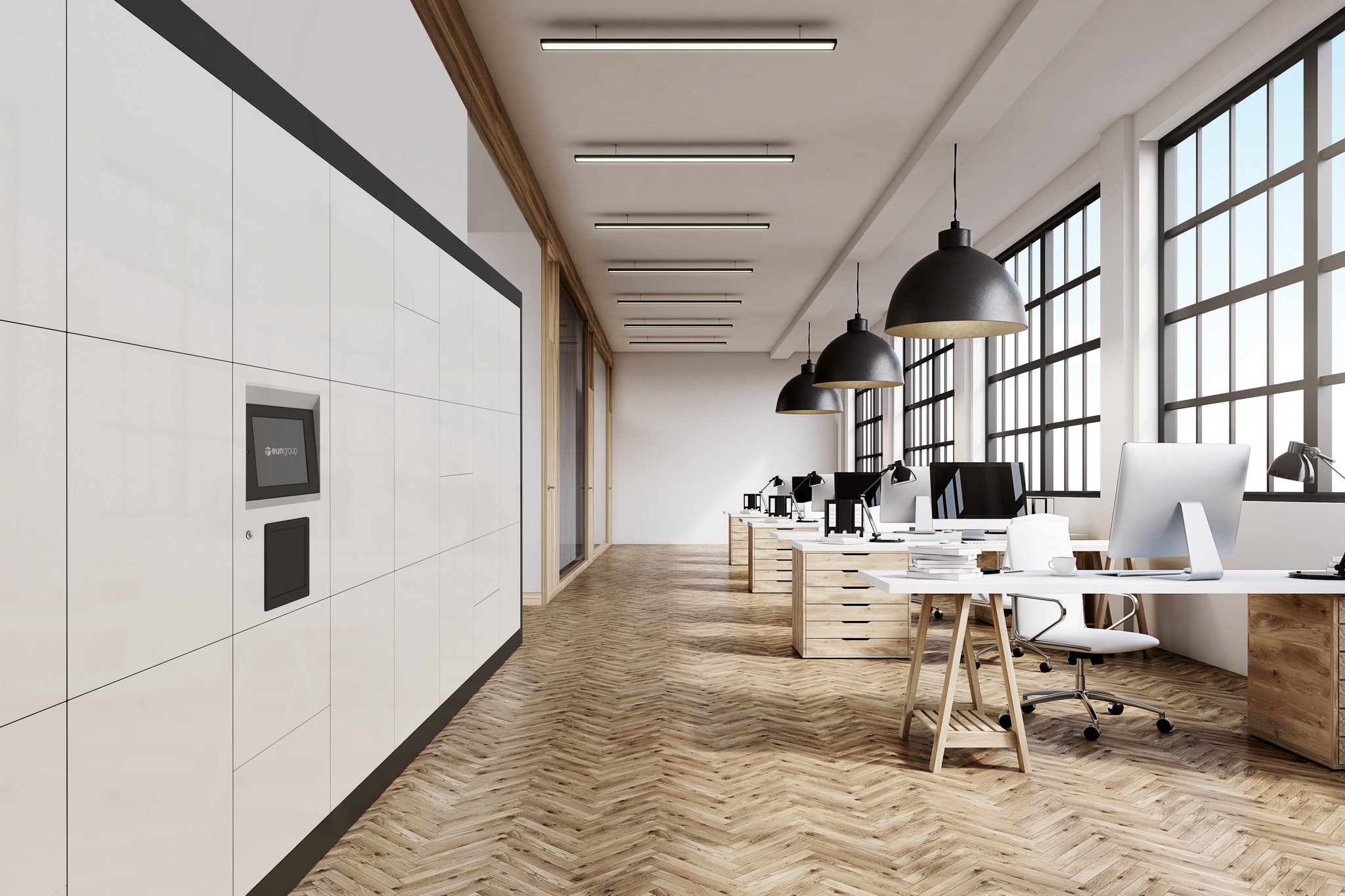 Front view of an office interior with massive ceiling lamps